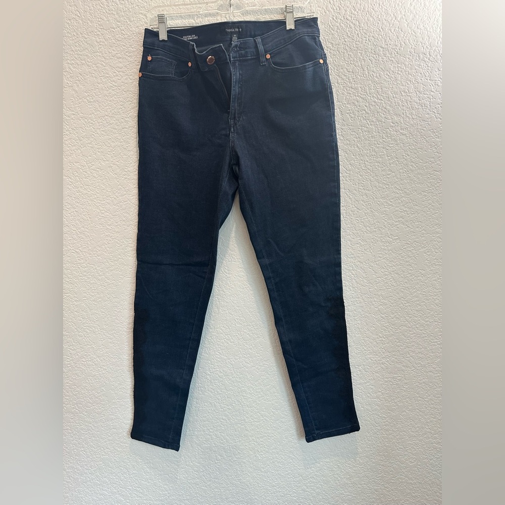 Ivanka Trump Mid-Rise Skinny Ankle Jeans in Dark Blue with black lace trim for